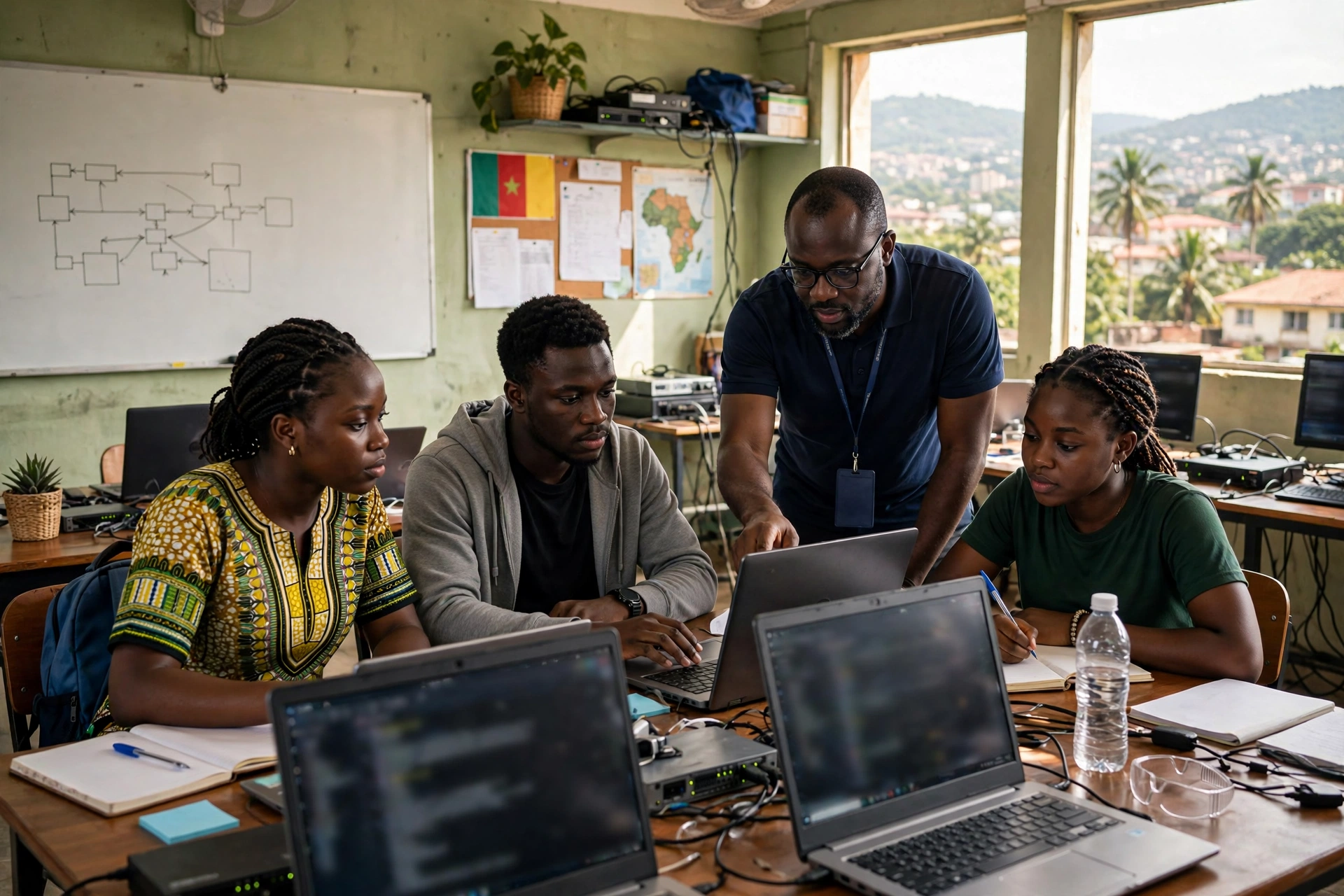 Apprenants en formation pratique de défense cybersécurité encadrés par un formateur au Cameroun