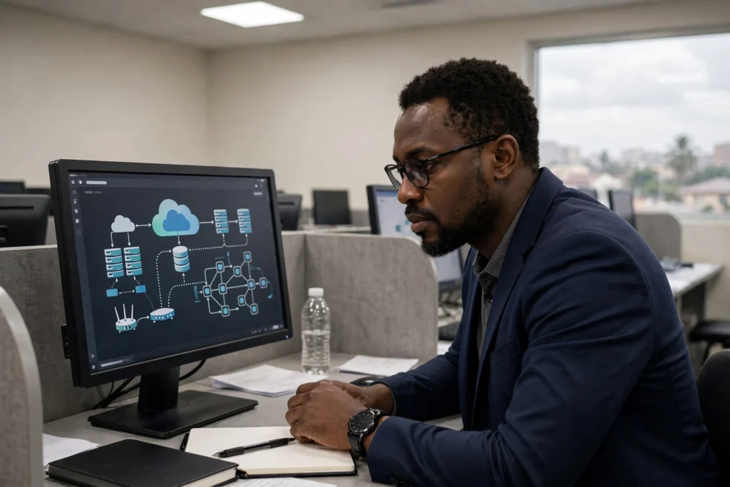 Professionnel camerounais préparant une certification cloud devant un schéma d'infrastructure