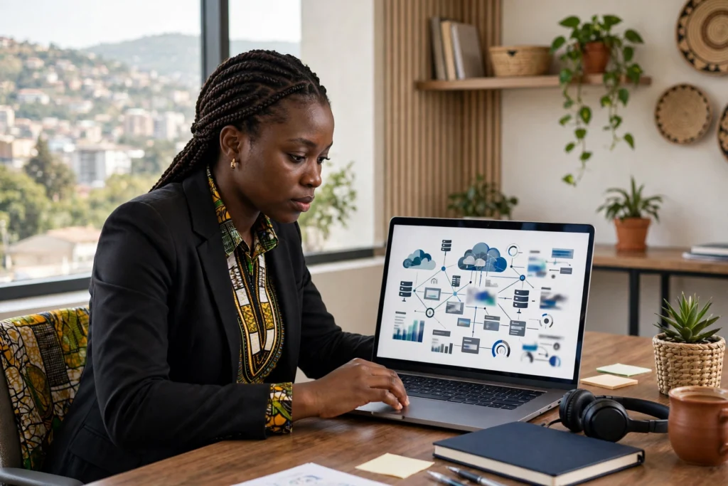 Professionnelle camerounaise préparant la certification Azure AZ-900 sur un ordinateur portable