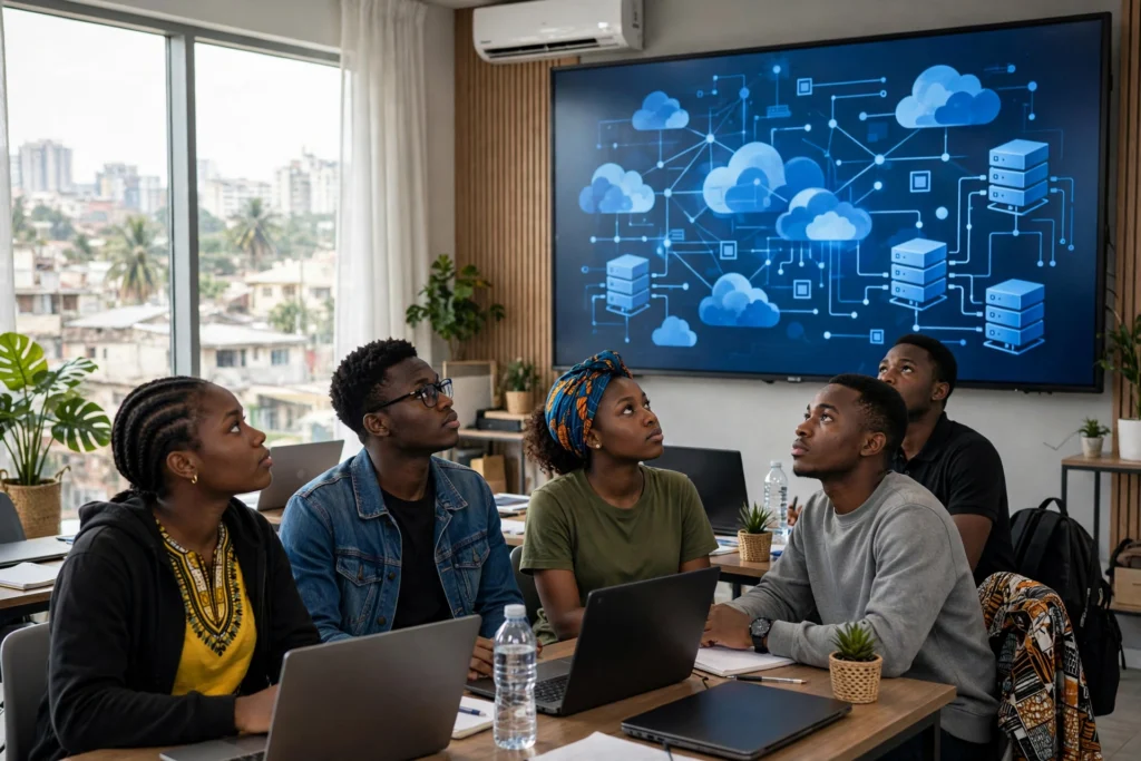 Étudiants camerounais en formation cloud Microsoft Azure devant un schéma d'architecture cloud