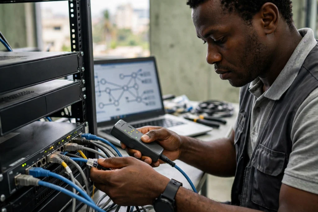 Technicien camerounais testant un câble Ethernet sur un commutateur réseau à Douala