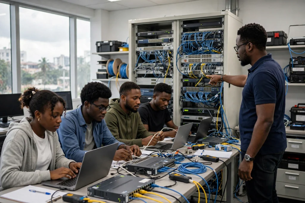 Étudiants camerounais en laboratoire réseau à Douala, formateur devant une baie de brassage