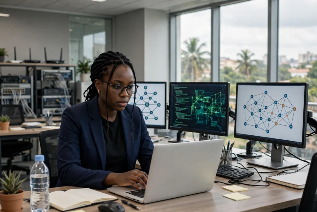 Professionnel camerounais en cybersécurité conduisant un test d'intrusion encadré sur un poste de travail, certification PenTest+ à Douala