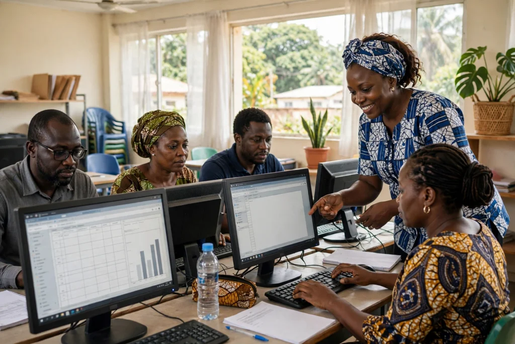 Apprenants en formation bureautique pratique sur Word et Excel encadrés par une formatrice à Yaoundé