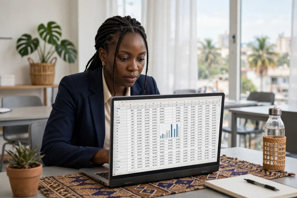Professionnelle camerounaise travaillant sur un tableur Excel lors d'une épreuve de certification bureautique à Douala