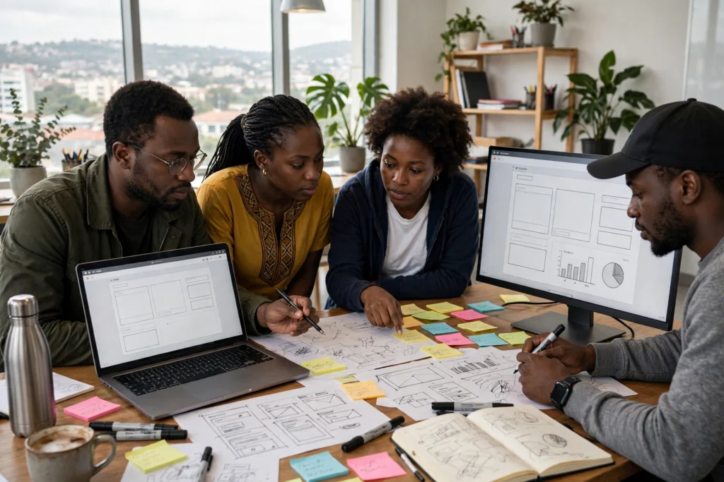 Équipe de développeurs camerounais collaborant sur une application web complète à Yaoundé