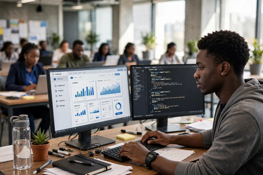 Développeur full-stack camerounais travaillant sur le front-end et le back-end d'une application web à Douala