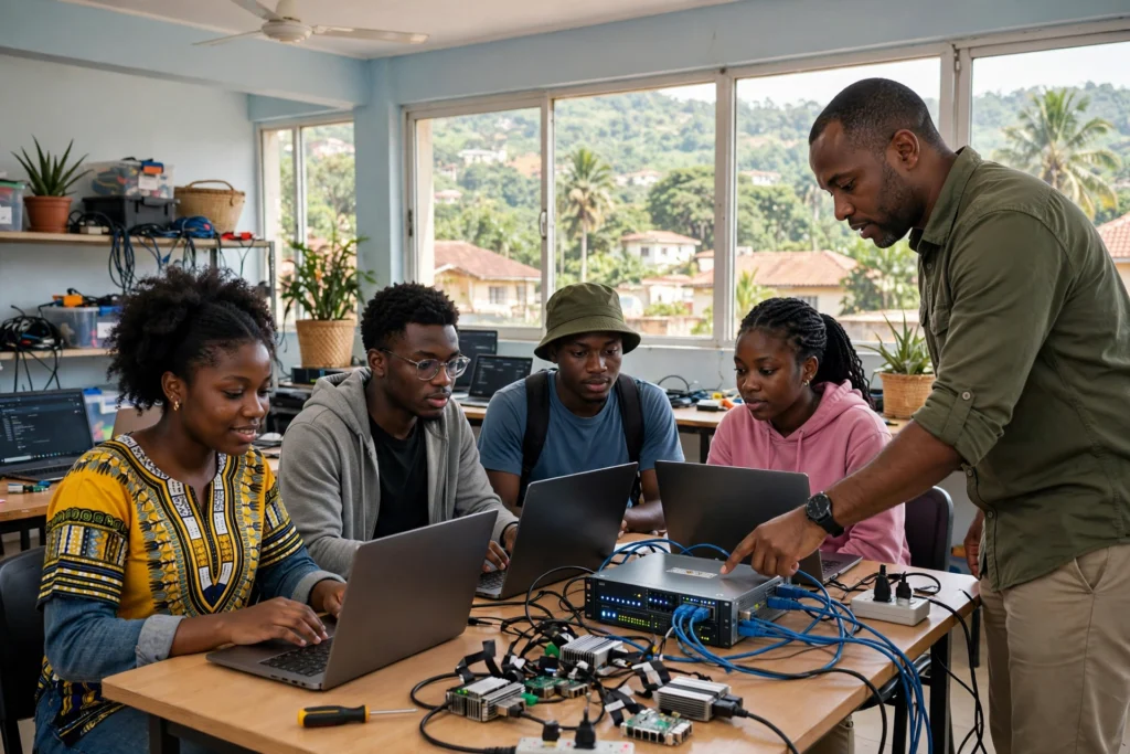 Étudiants camerounais en formation pratique DevOps et Linux avec leur formateur à Yaoundé