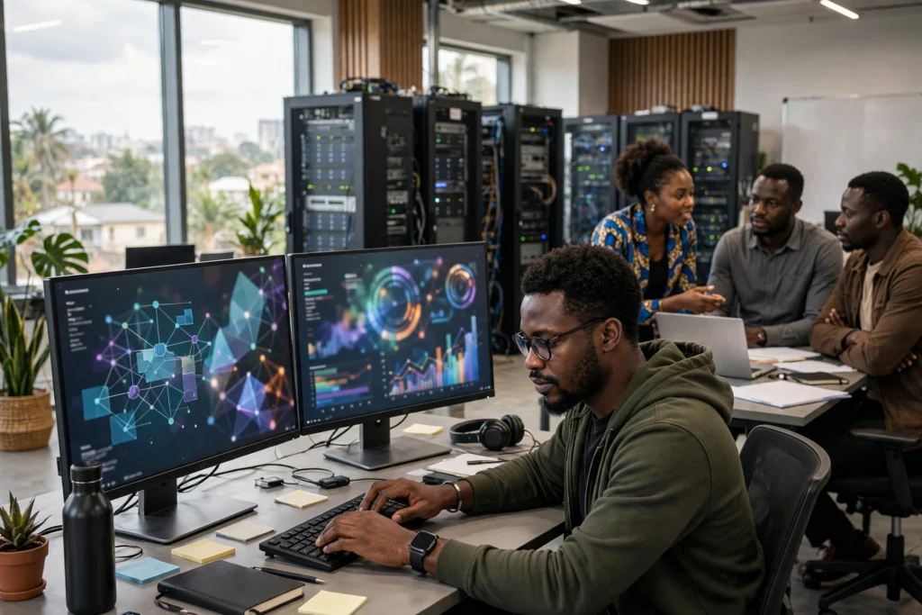 Ingénieur DevOps camerounais travaillant sur des serveurs et des tableaux de bord à Douala