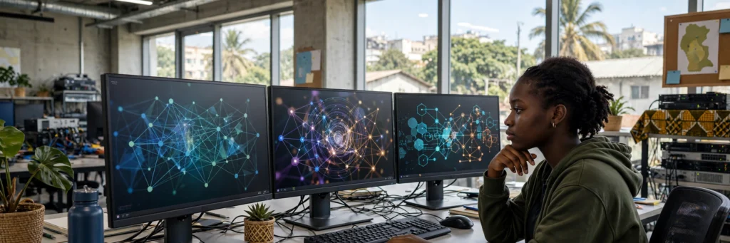 Étudiante en cybersécurité au Cameroun analysant un réseau sur plusieurs écrans dans un laboratoire de formation à Douala