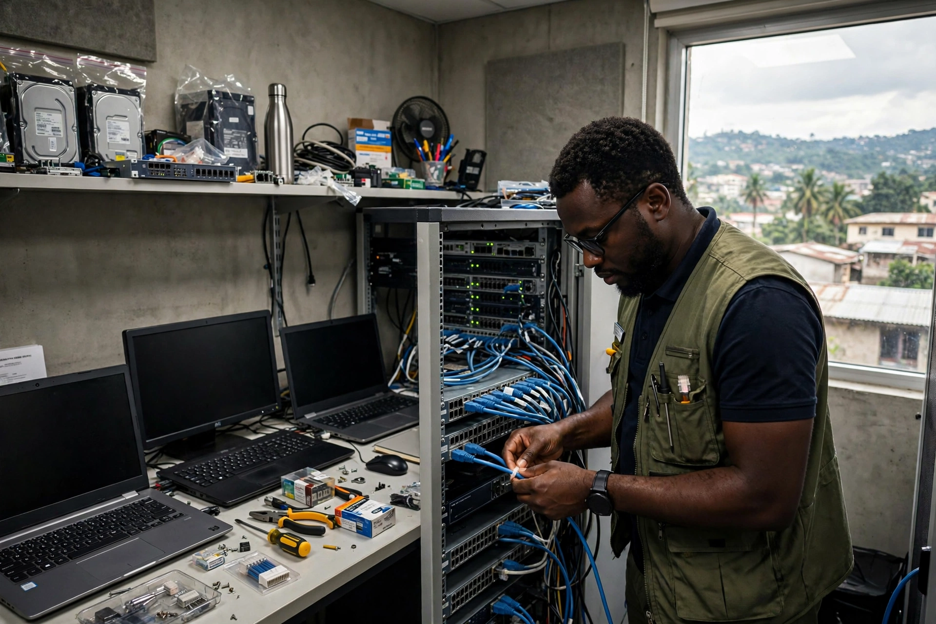 Administrateur système camerounais configurant des serveurs et un réseau dans un laboratoire informatique