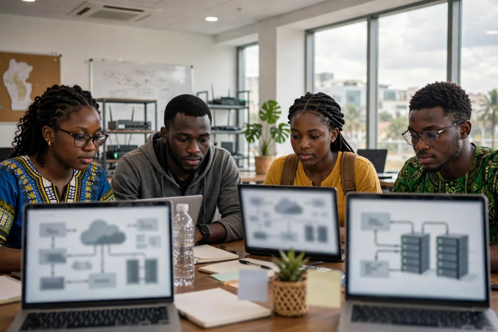 Étudiants camerounais en formation cloud à Douala travaillant sur des schémas d'infrastructure AWS et Azure