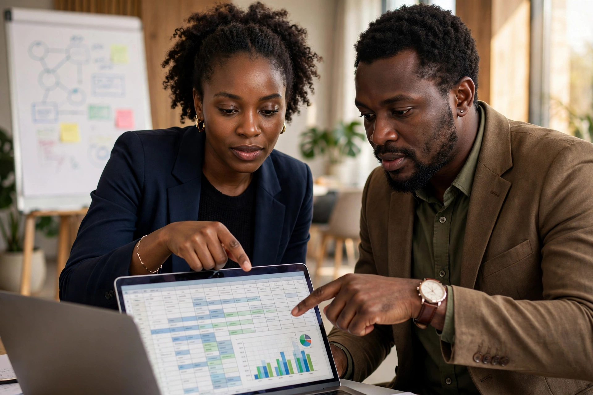 Deux professionnels camerounais collaborant sur un tableur lors d'une formation en entreprise