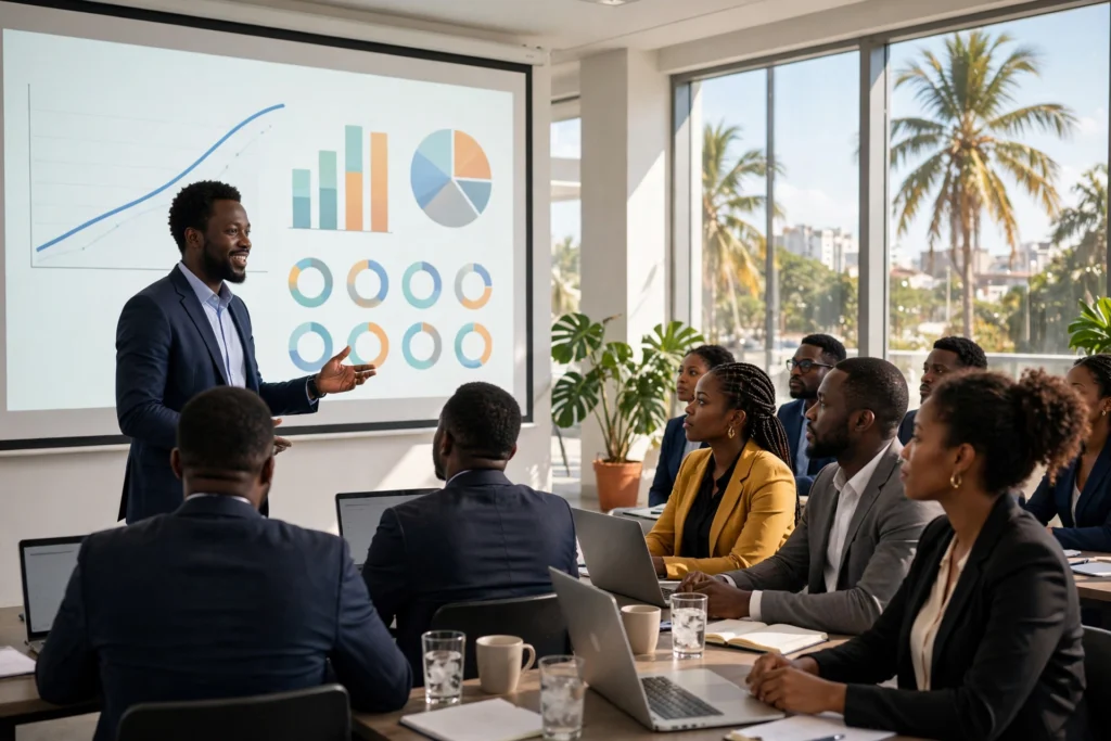 Session de formation en entreprise dans une salle moderne à Douala, formateur devant des professionnels camerounais