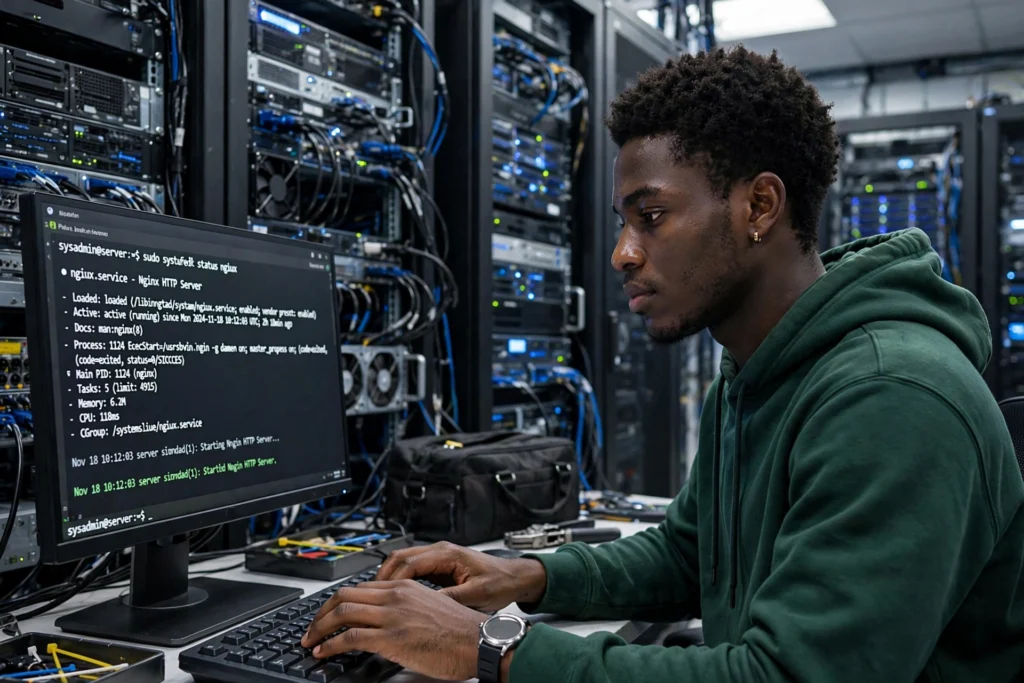 Administrateur système camerounais configurant un serveur Linux en salle serveurs