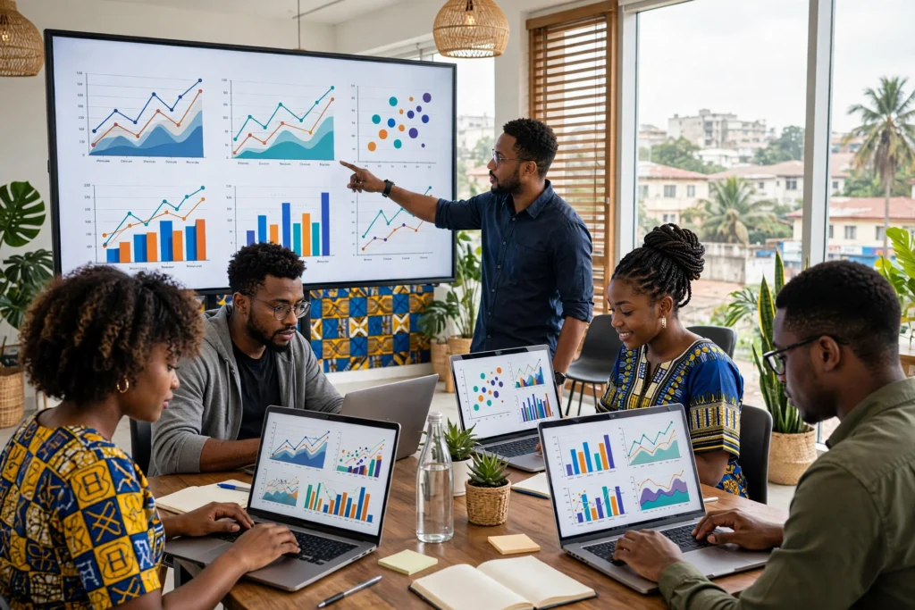 Formation machine learning au Cameroun : apprenants analysant des graphiques prédictifs en salle à Douala