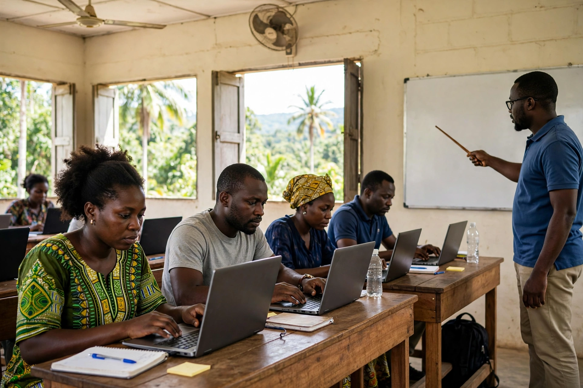 Salle de formation informatique en présentiel au Cameroun : apprenants et formateur autour d'ordinateurs