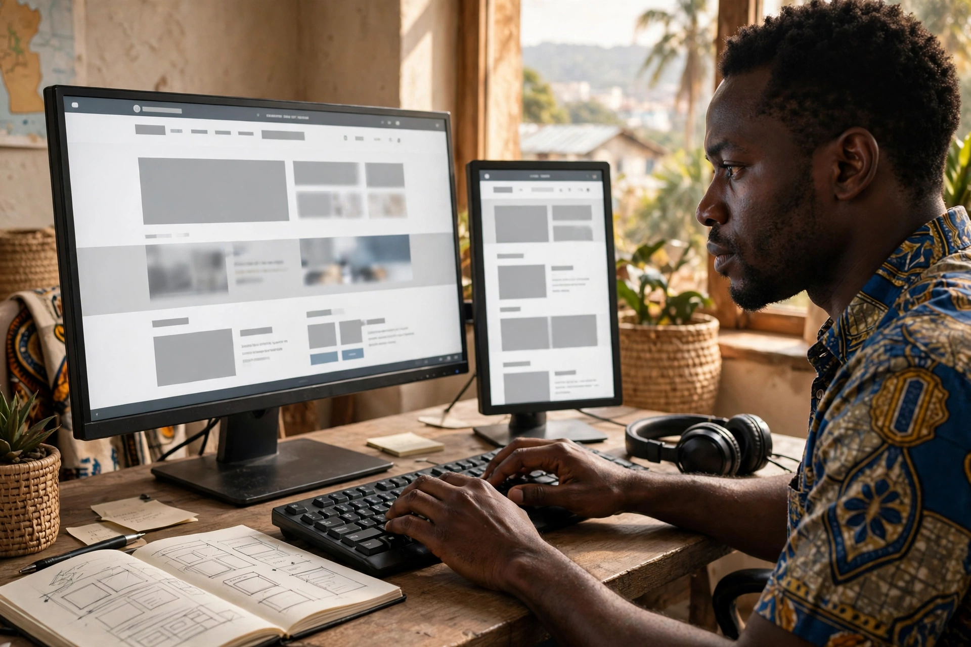 Développeur camerounais construisant une interface web responsive sur deux écrans à Yaoundé
