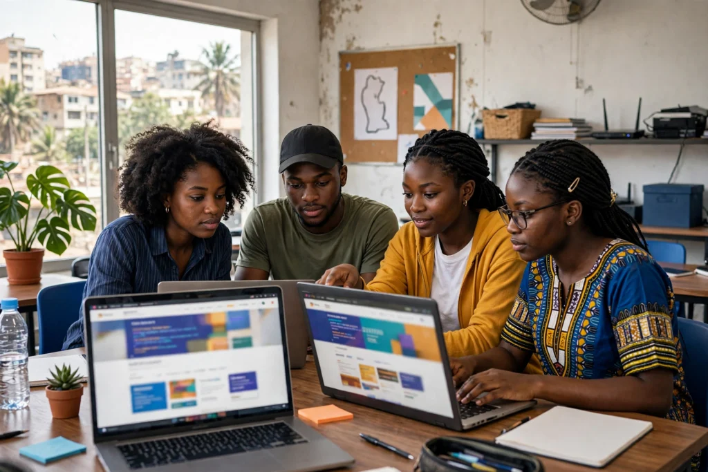 Étudiants camerounais en formation React travaillant sur des interfaces web modernes à Douala