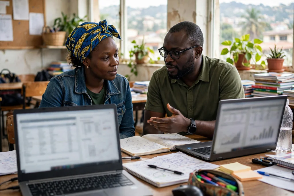 Deux apprenants au Cameroun travaillant sur des tableaux de données sur leurs ordinateurs portables