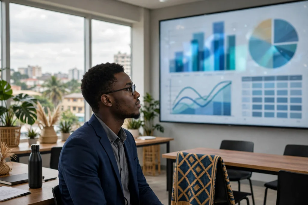 Professionnel camerounais analysant des graphiques et des tables de données sur un grand écran à Douala