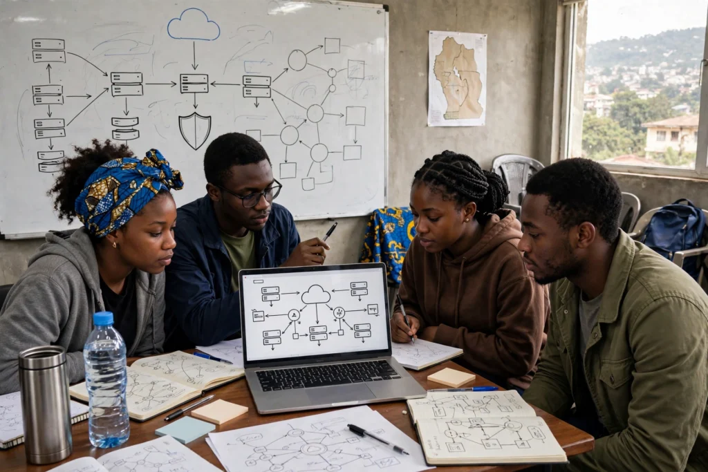 Apprenants au Cameroun devant un tableau blanc présentant un schéma d'infrastructure cloud, en formation Terraform pratique à Yaoundé