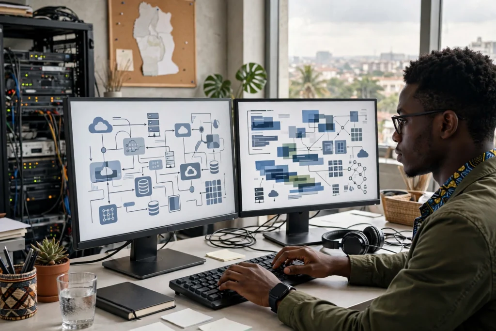 Professionnel camerounais devant des écrans d’infrastructure cloud et de schémas d’automatisation, formation Terraform au Cameroun à Douala