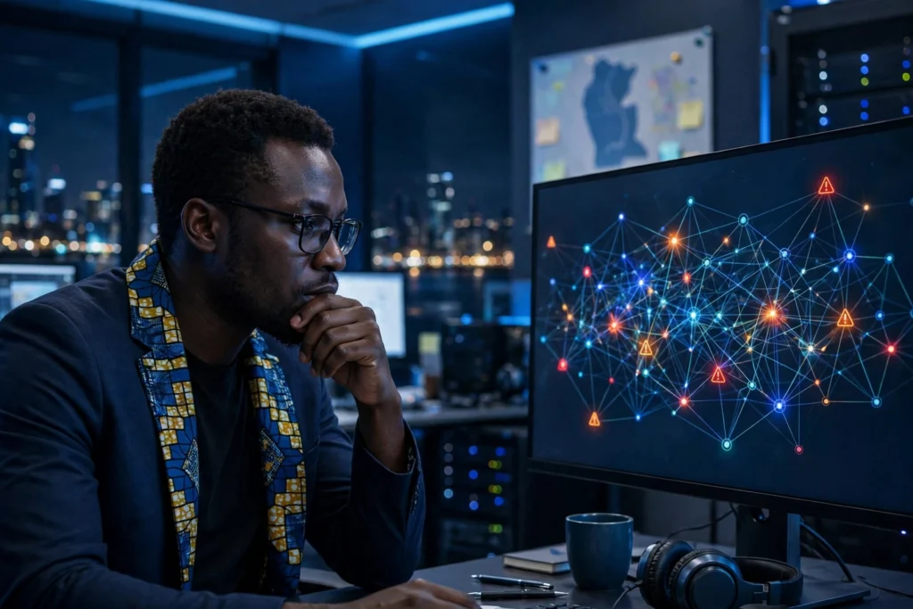 Analyste en cybersécurité au Cameroun examinant une carte réseau avec des alertes de vulnérabilités