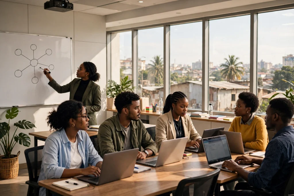 Formation en intelligence artificielle au Cameroun : formatrice expliquant un réseau de neurones devant des apprenants