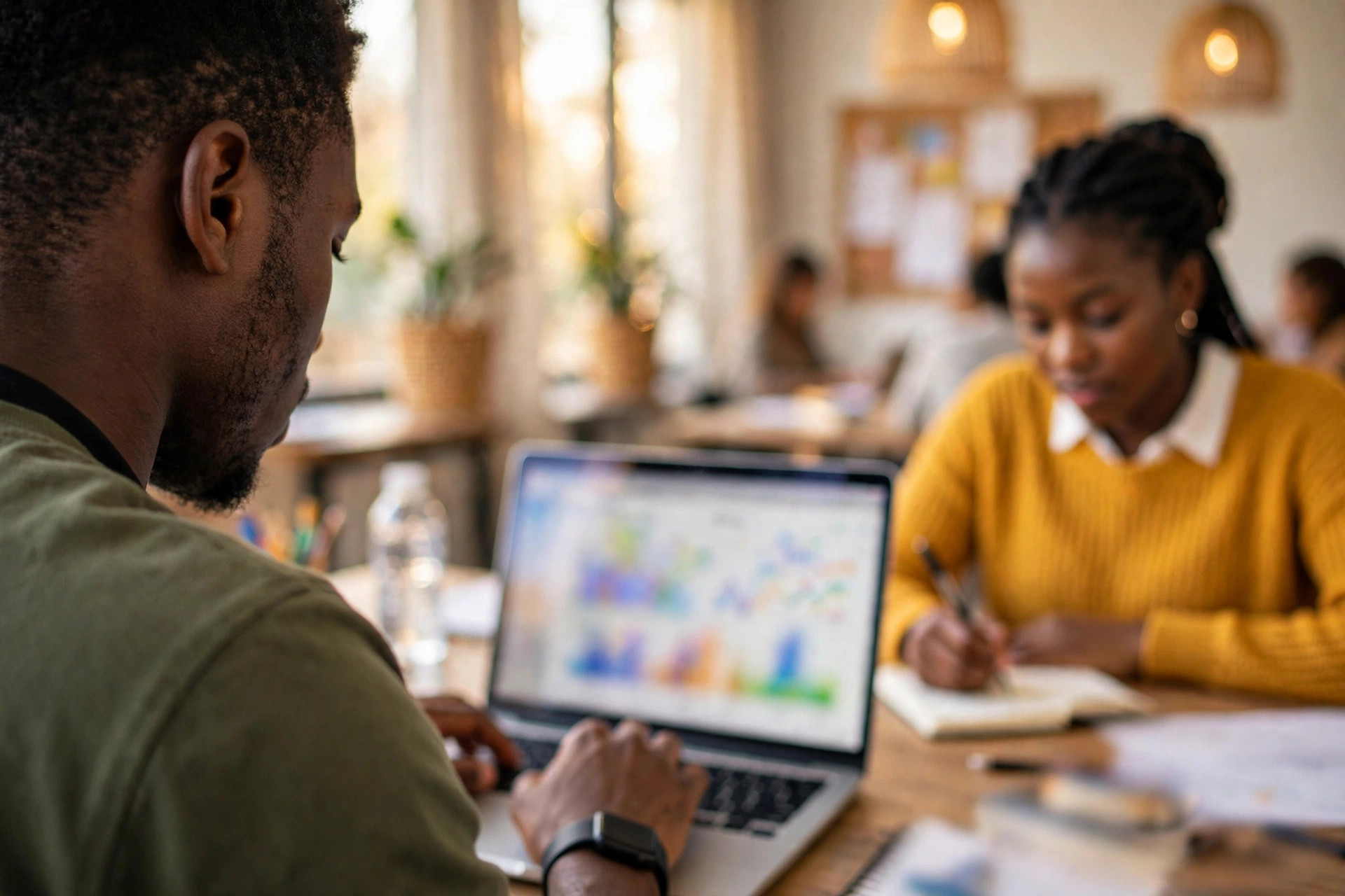 Apprenant camerounais analysant des données et du code Python sur un ordinateur portable
