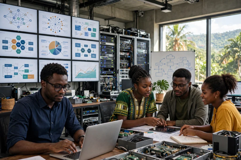 Professionnels camerounais en formation Kubernetes et conteneurs dans un laboratoire informatique à Douala