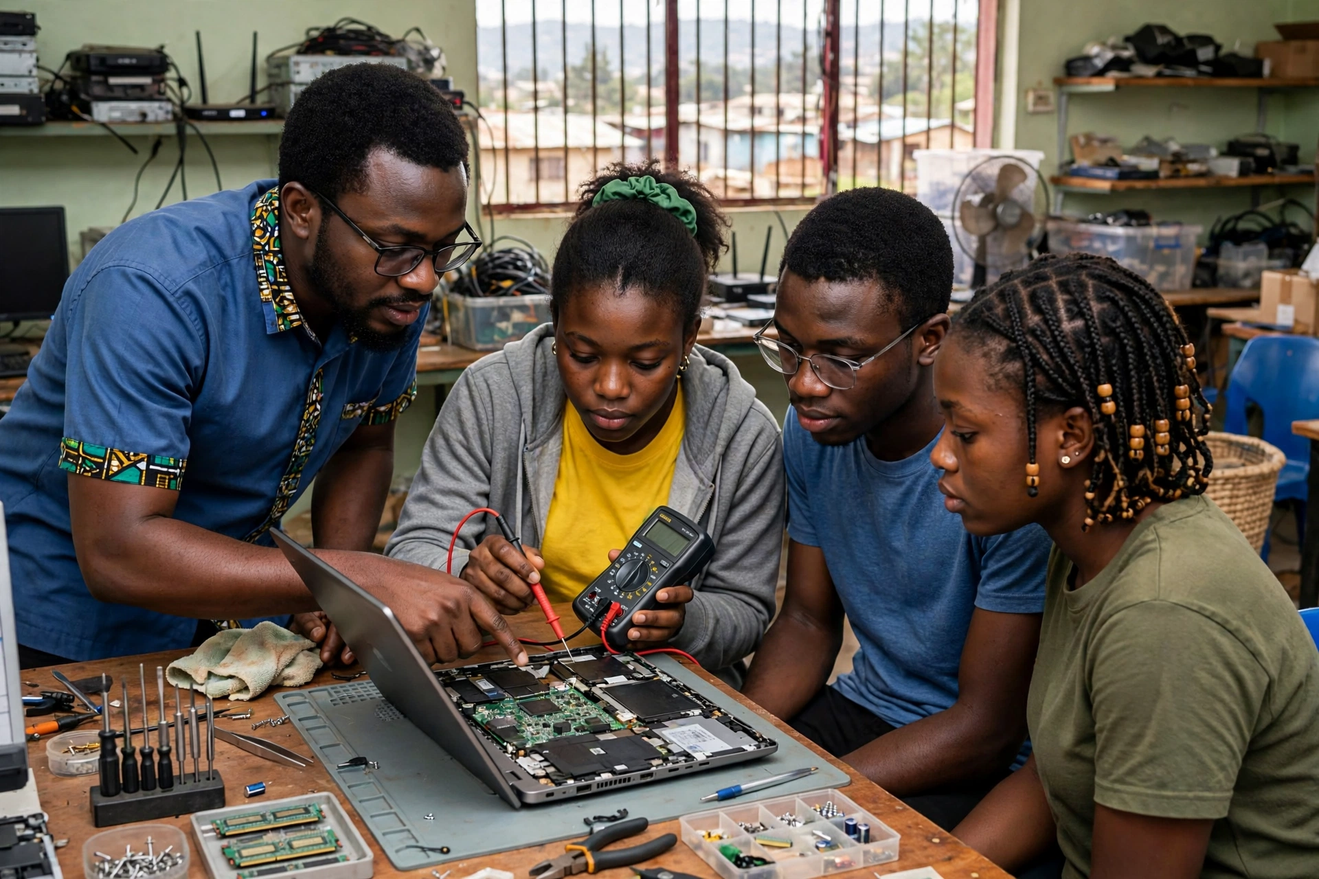 Élèves en formation pratique de maintenance informatique diagnostiquant un ordinateur portable à Yaoundé