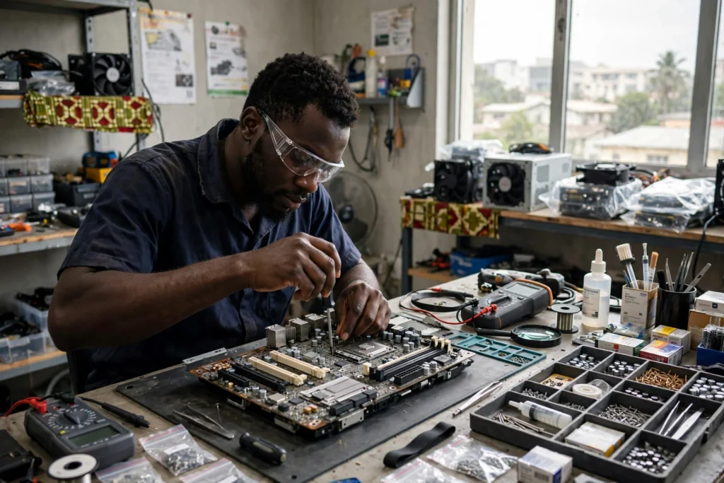 Technicien en maintenance informatique réparant une carte mère dans un atelier à Douala