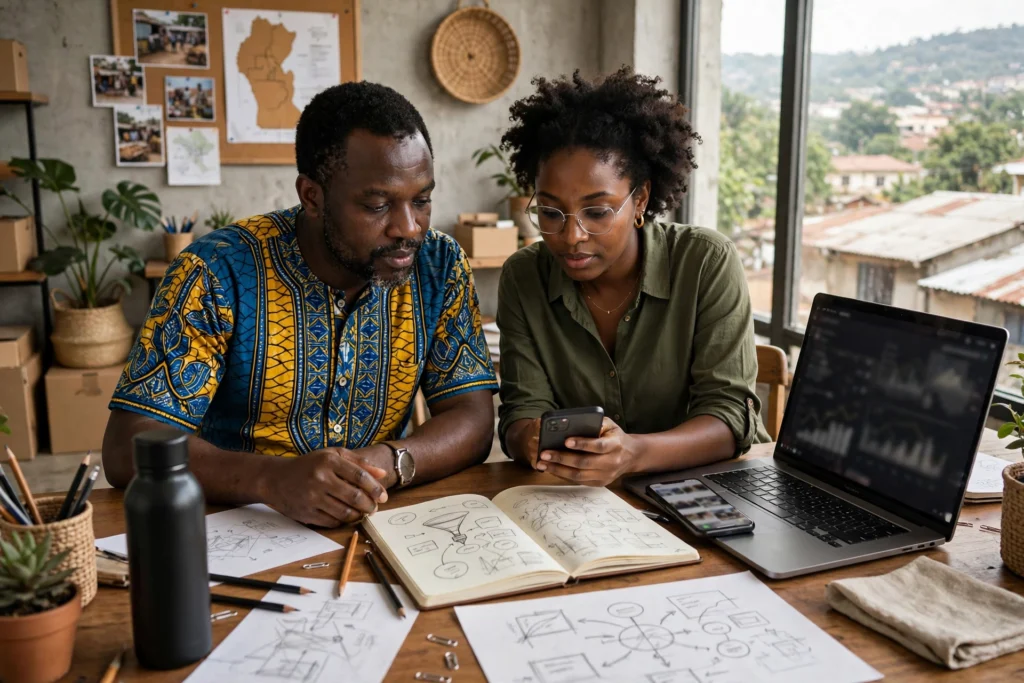 Un commerçant camerounais et une spécialiste en marketing digital travaillant sur une campagne à Yaoundé
