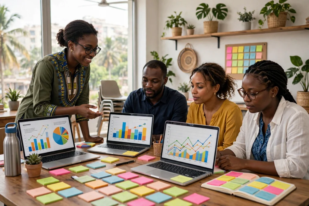 Formation en marketing digital au Cameroun : formatrice et apprenants analysant des graphiques sur ordinateurs portables à Douala