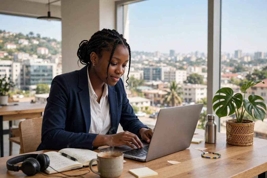 Jeune professionnel camerounais en reconversion apprenant sur un ordinateur portable
