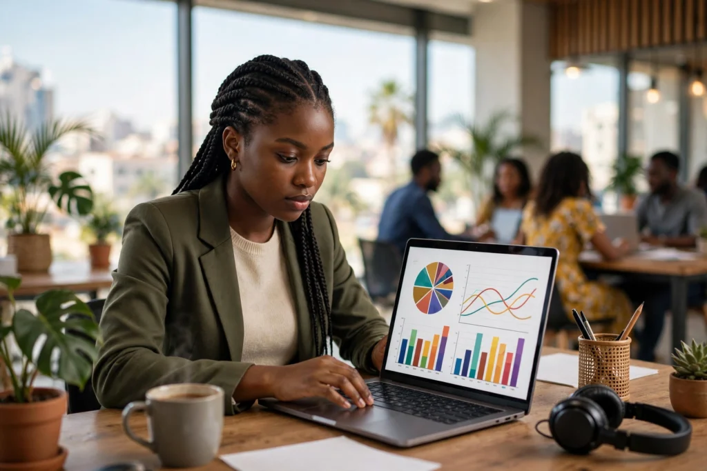 Jeune professionnelle camerounaise travaillant sur un tableau de bord Excel dans un bureau moderne à Douala