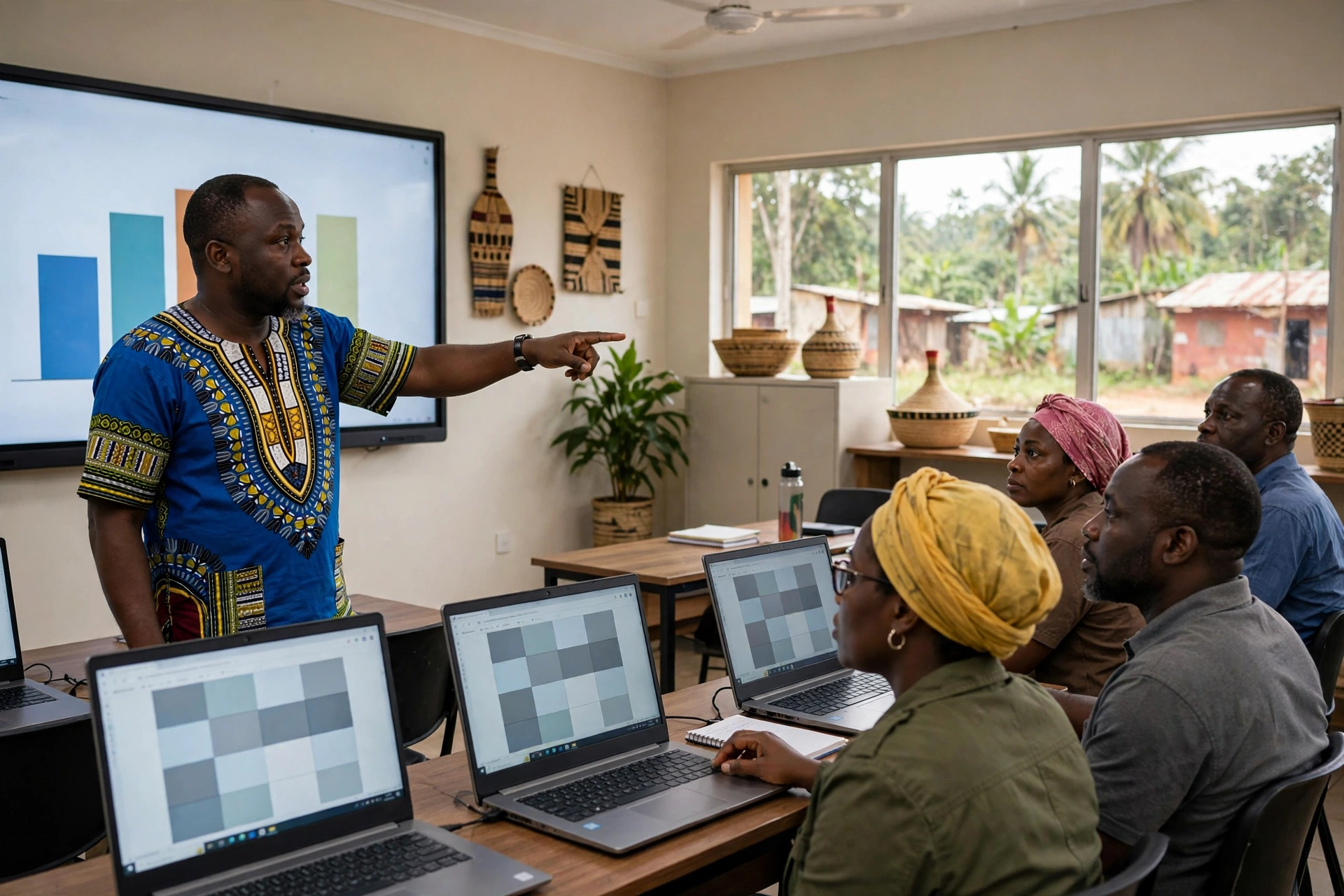 Formateur camerounais guidant des apprenants adultes sur Excel dans une salle de formation