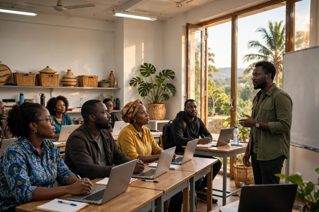 Salle de formation informatique au Cameroun — apprenants et formateur dans un centre agréé MINEFOP