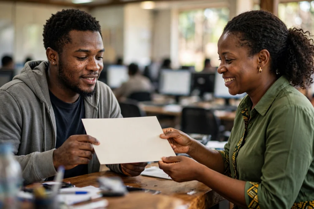 Remise d'un certificat de formation à un apprenant dans un centre de formation au Cameroun