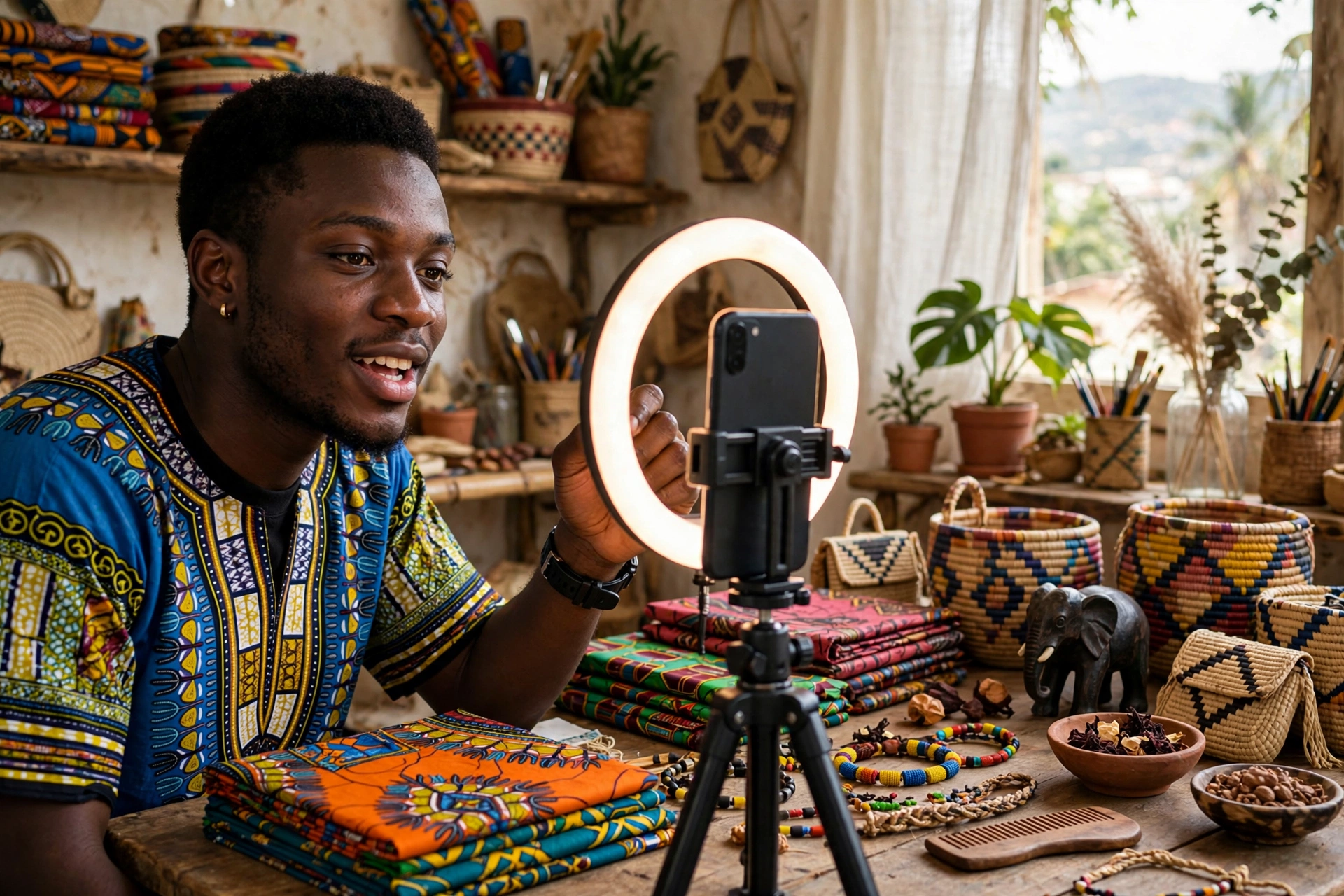 Créateur de contenu camerounais filmant une vidéo produit avec son smartphone dans un studio artisanal
