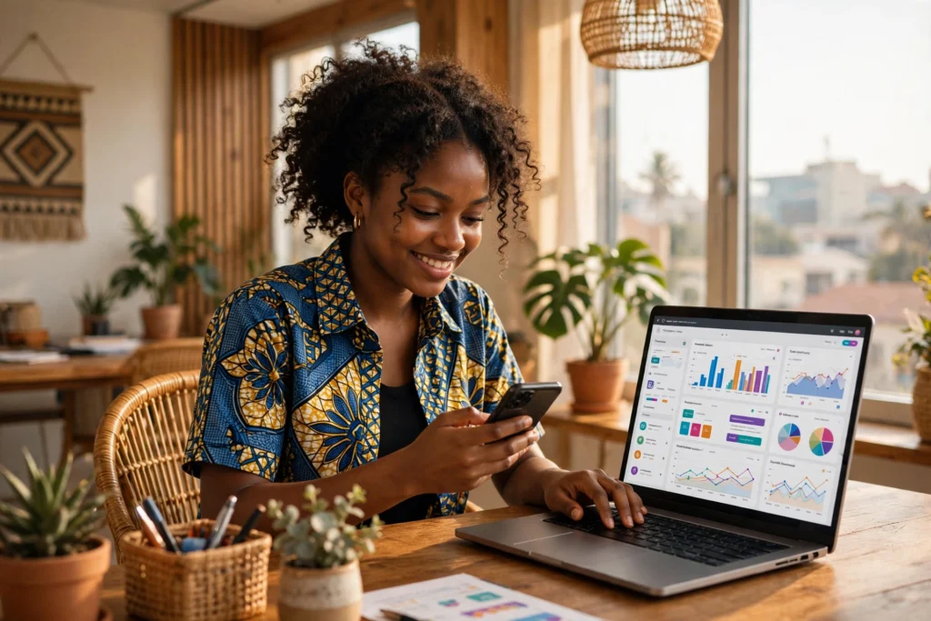 Jeune community manager camerounaise gérant les réseaux sociaux d'une marque depuis son bureau à Douala