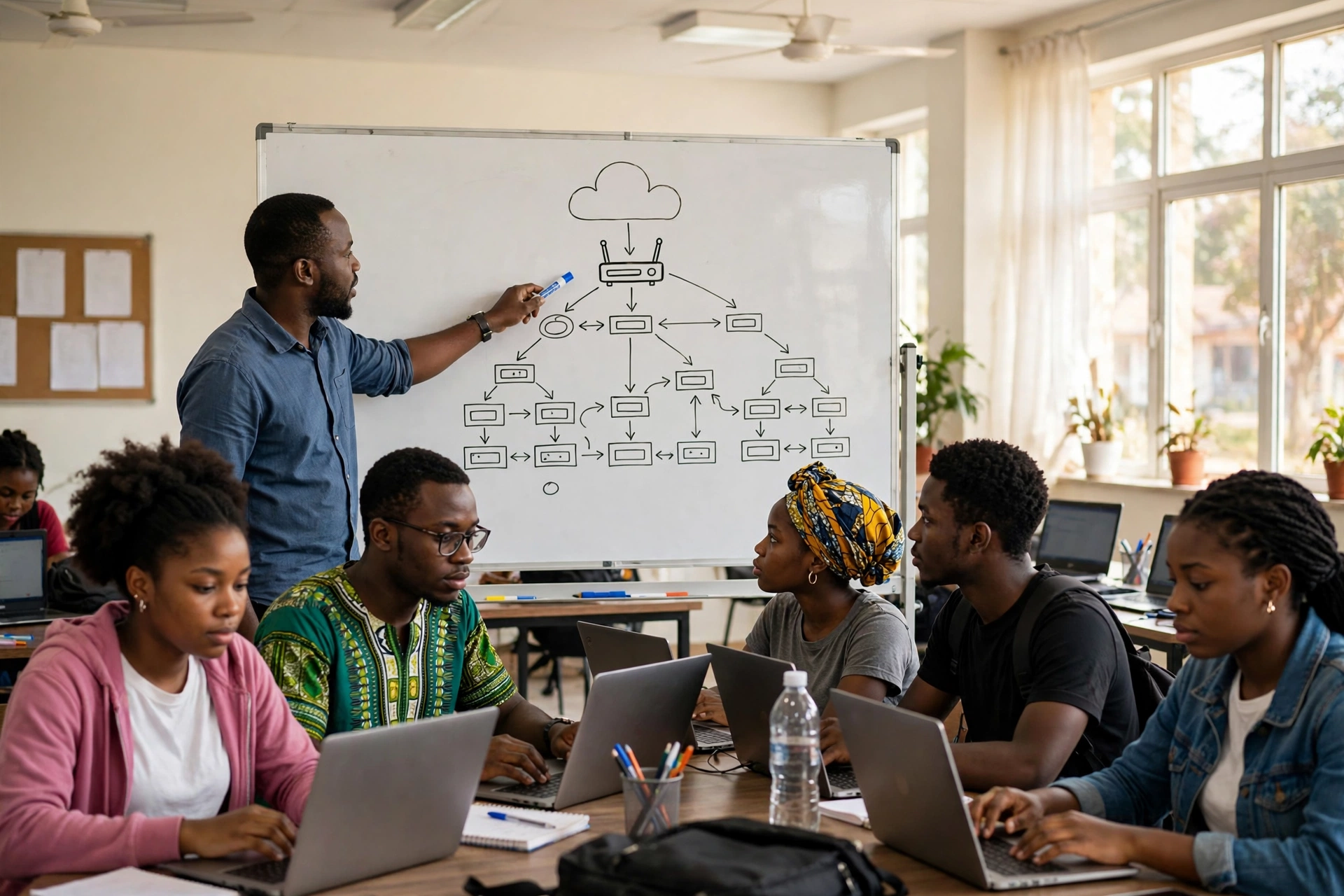 Étudiants camerounais en formation informatique avec leur instructeur