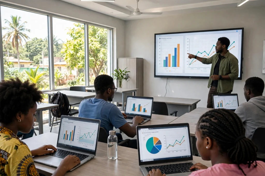 Étudiants en formation data analyse travaillant sur des ordinateurs portables au Cameroun