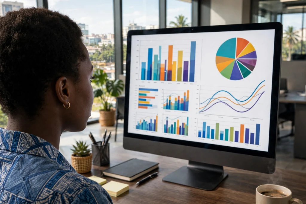 Data analyst camerounaise analysant des tableaux de bord de données sur son écran