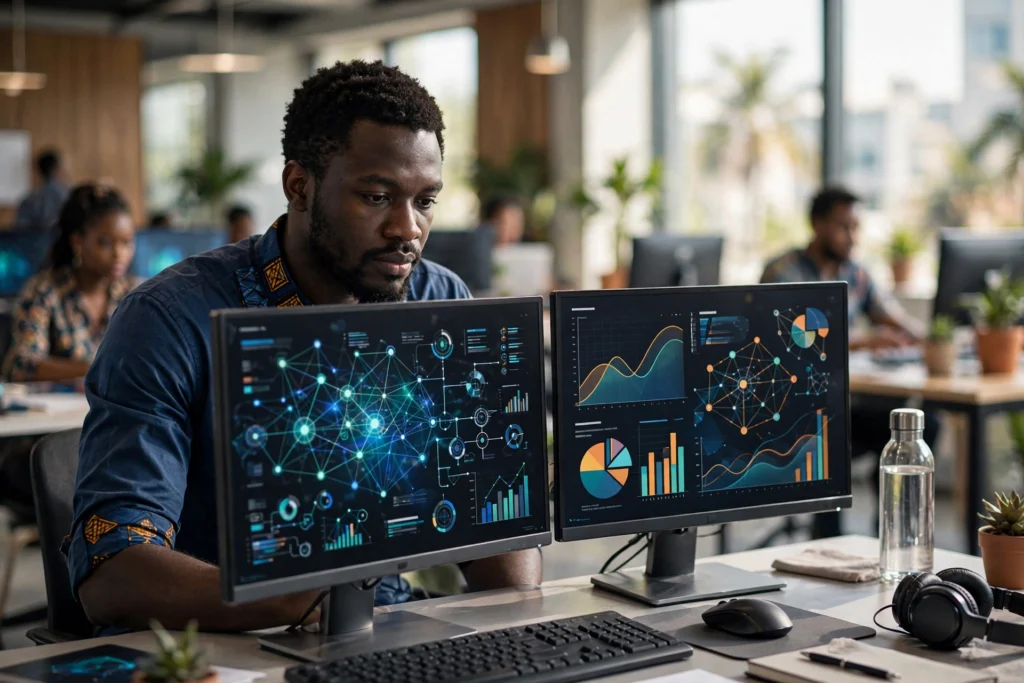 Data engineer camerounais travaillant sur des pipelines de données et des tableaux de bord à Douala