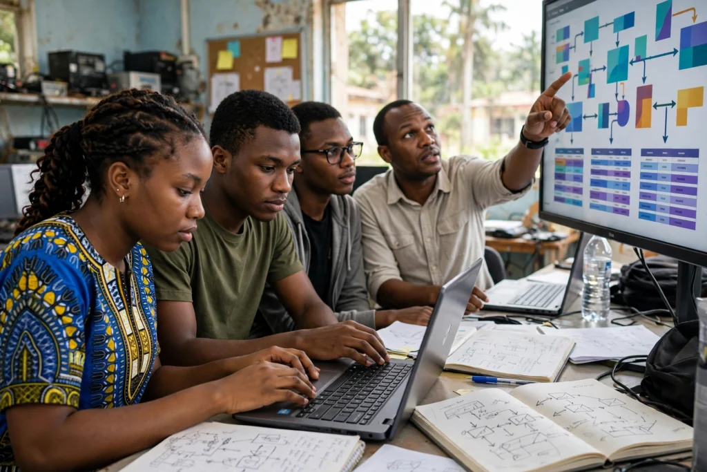 Étudiants camerounais construisant un pipeline de données en travaux pratiques à Yaoundé