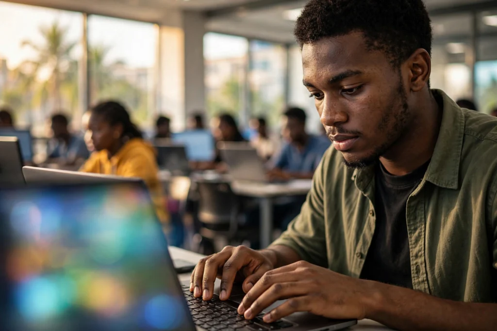 Jeune Camerounais apprenant le développement web en classe informatique à Douala