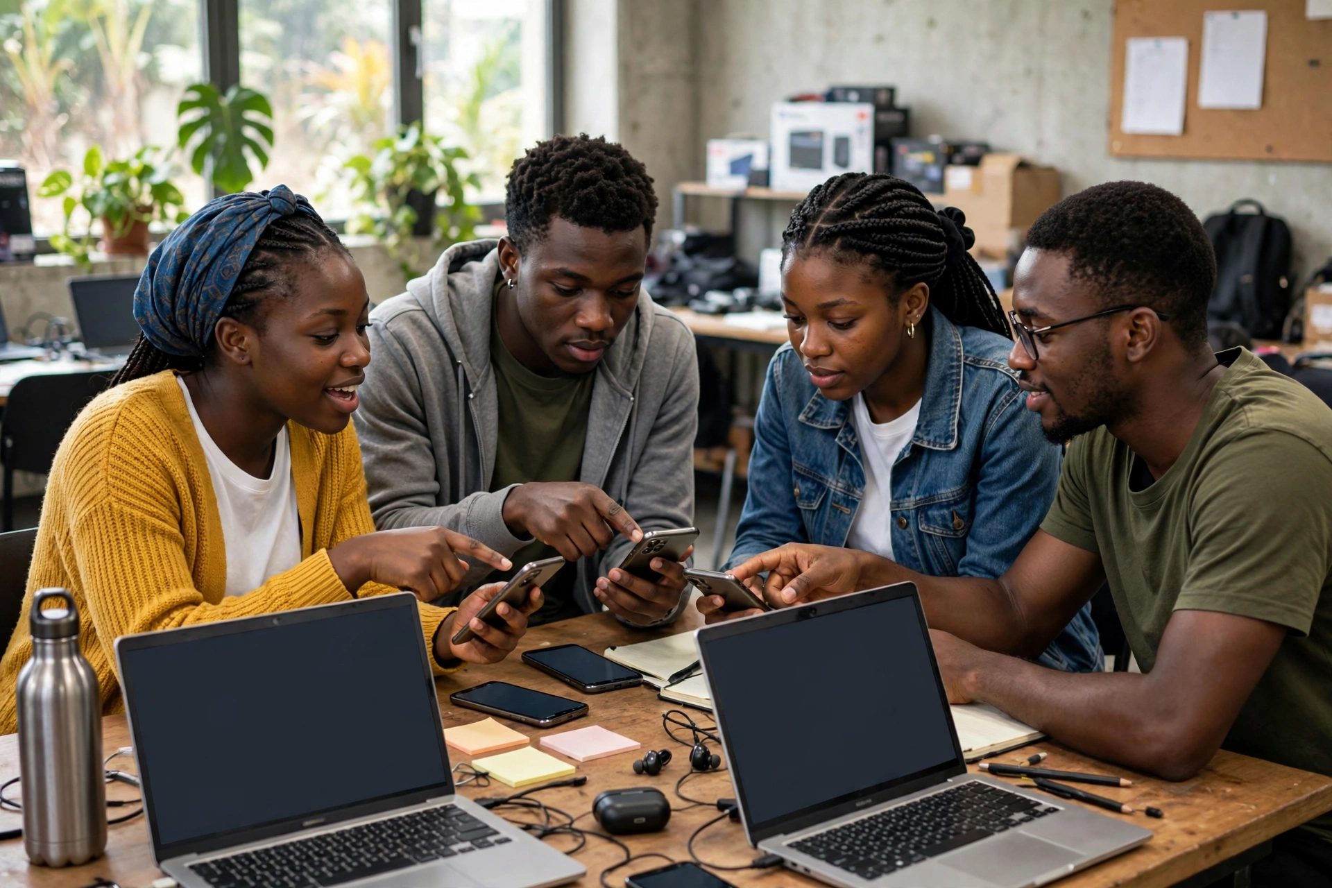 Étudiants camerounais testant une application mobile Android en atelier pratique