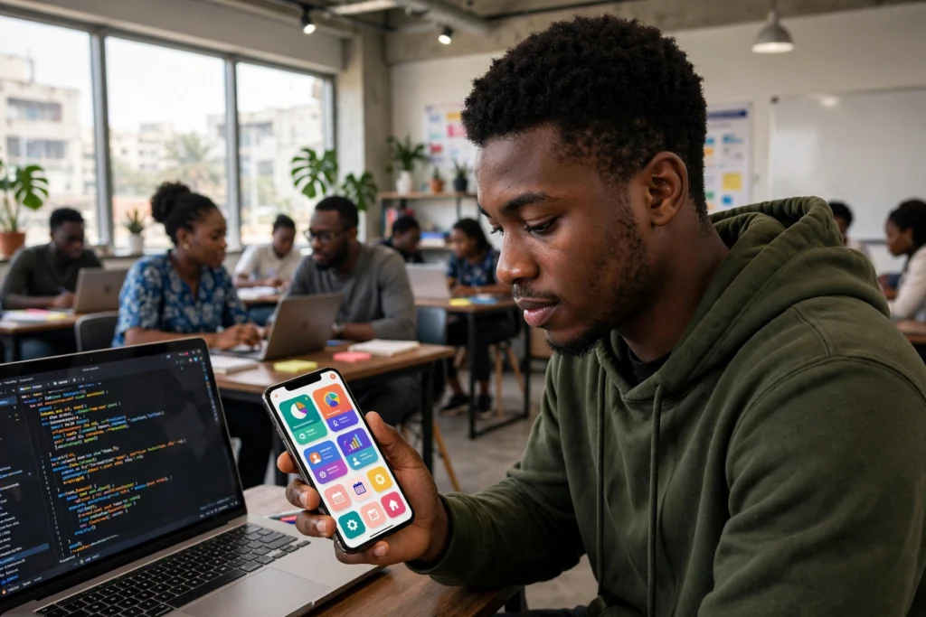Jeune développeur mobile camerounais testant une application sur smartphone dans un centre de formation à Douala